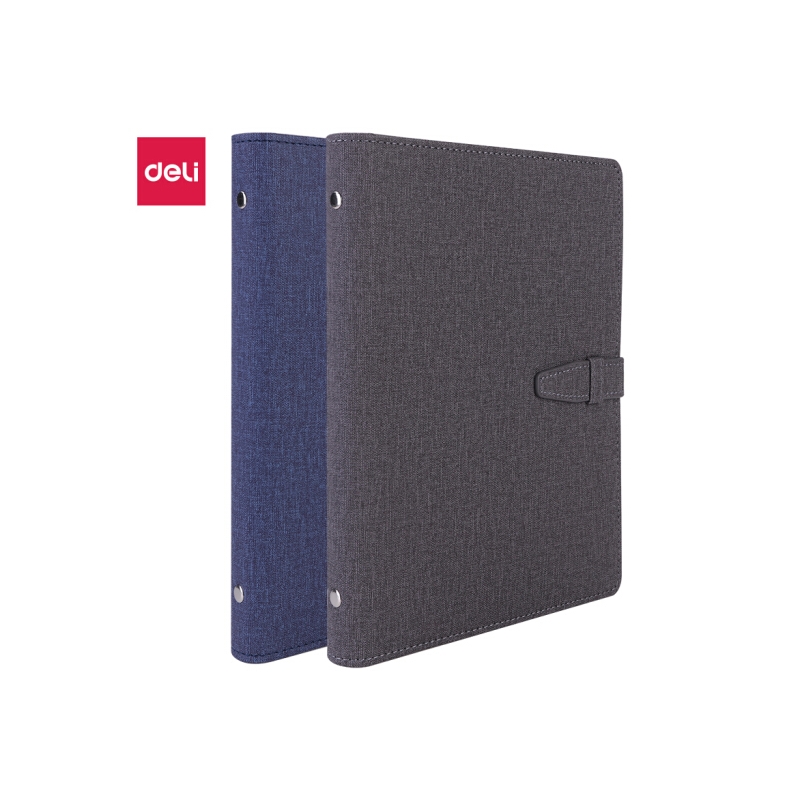 得力(deli)25K100张时尚活页扣带皮面本 商务办公插袋记事本日记本笔记本子 1本蓝灰随机3309